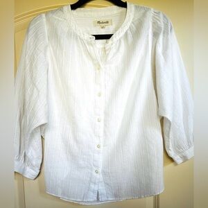 Madewell Cotton White Textured Blouse Dolman Sleeve Silver Treads,Sz XS